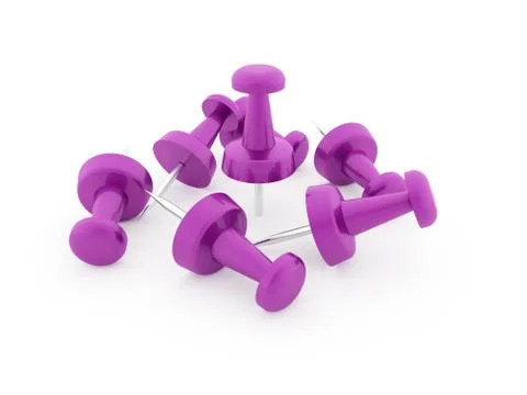 Many purple push pin rendered isolated on white background Stock Illustration