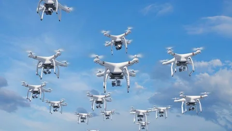 Many Quadcopters Flying in the Clouds and Filming with Cameras Stock Footage 81809498