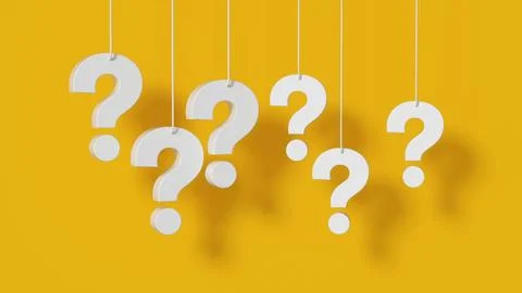 Many question marks white hanging on yellow wall background. Stock Photos