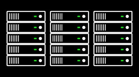 Many rack-mounted servers illustration (white body on black background) Иллюстрация