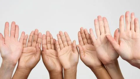 Many raised hands in a row.. cooperation and Association of friends. Stock Photos