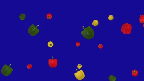 Many Random color of Paprika falling down on blue screen background Stock Footage 322893998