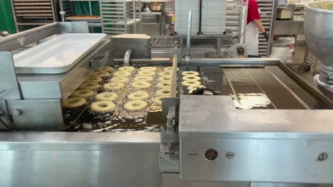 Many raw donuts moving on conveyor belt and frying in hot oil. Frying donuts in Stock Footage 219243292