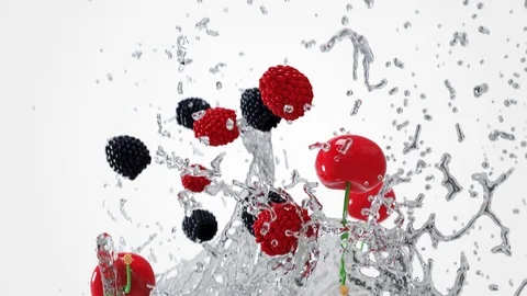 Many red and black raspberry and cherry explosion with liquid water splash and w Stock Footage 125129566