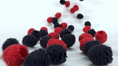 Many red and black raspberry rolling down on white surface. Close up of fresh 3D Stock Footage 125234747