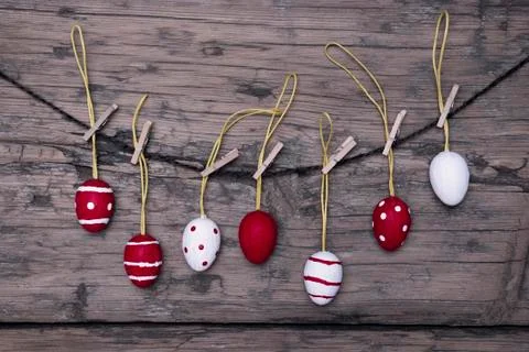 Many Red And White Easter Eggs Hanging On Line Stock Photos