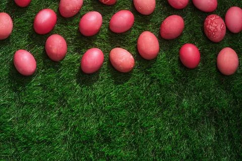 Many red Easter eggs scatter across textured green grass, leaving wide empty Stock Photos