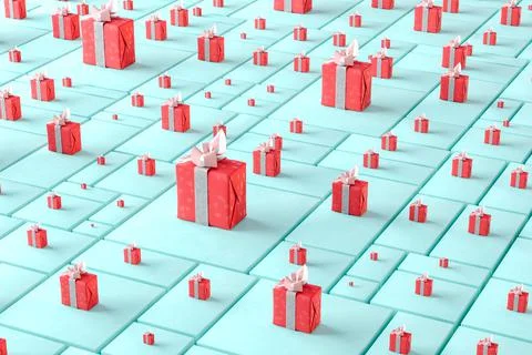 Many red gift boxes. Celebration concept. 3d render Stock Illustration