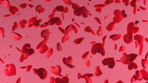Many red hearts of different size falling, 3d render, 3d illustration Illustrazione stock