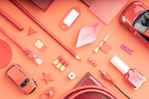 Many red objects lying on a beautiful surface top view still life Stock Photos