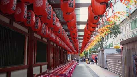 Many Red Paper Lanterns in Chinese Temple in Chinatown of Singapore Stock Footage 114868604