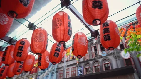 Many Red Paper Lanterns in Chinese Temple - Gimbal Walking While Rotating Stock Footage 114869115
