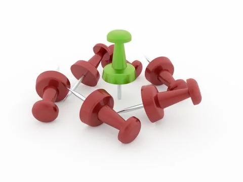 Many red push pins one is green isolated on white background Stock Illustration