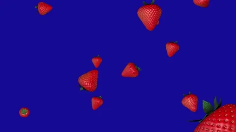 Many Red Strawberry falling down on blue screen background Stock Footage 322894538