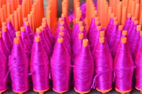 Many reels of threads for embroidery Stock Photos