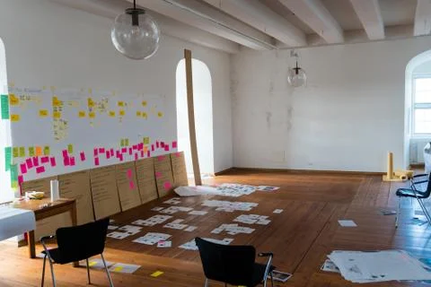 Many reminders and post it in a room on the wall and on the floor Stock Photos