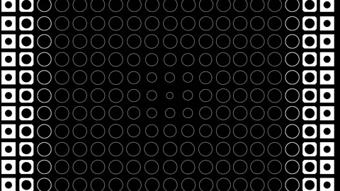 Many repeating black and white circular shapes on a black background. geomet Video stock 261460622