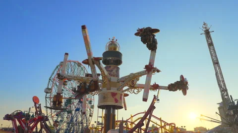 Many rides work at Luna Park in Cony Island at Brooklyn in New York City Stock Footage 248019565