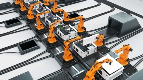 Many Robotic Arms Assembling Computers On Conveyor Belt. Modern Advanced Stock Footage 83306308