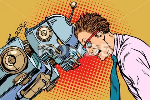 Many robots vs human, humanity and technology Stock Illustrationen