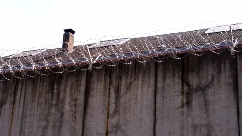 Many rows of barbedwire, high concrete fence, barbed wire fence on top, bui.. Stock Footage 241528610
