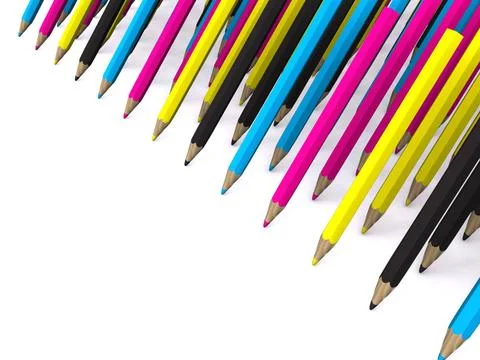 Many rows of CMYK colored pencils. 3D many rows of CMYK colored pencils. 3... Stock Photos