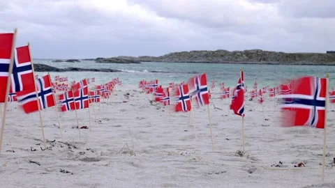 Many rows of  Norway flags blowing on windy sandy beach coastline Stock Footage 133850844