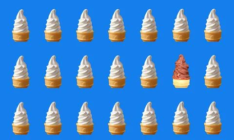 Many Rows of Two Types of Soft Serve Ice Cream Cones on Blue Background Photos