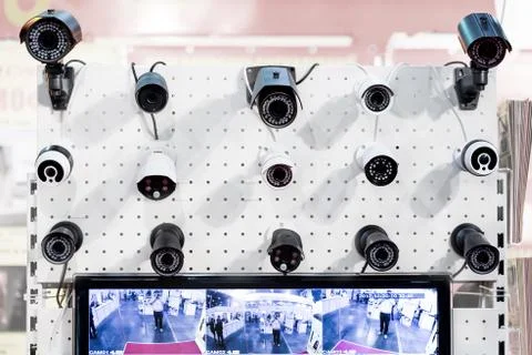 Many rows of white an black professional surveillance camera. Picture from Stock-Fotos