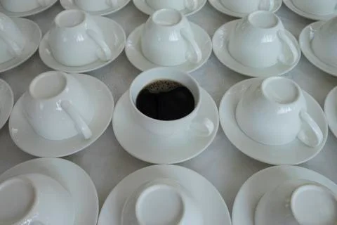 Many rows of white ceramic coffee Stock Photos
