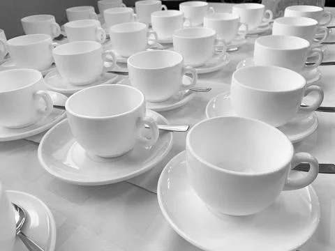 Many rows of white ceramic coffee or tea cups. Lines of coffee cups Stock Photos