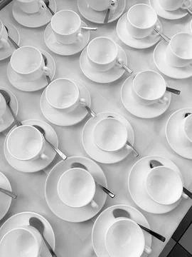 Many rows of white ceramic coffee or tea cups. Lines of coffee cups Stock Photos