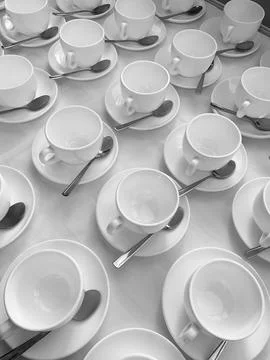 Many rows of white ceramic coffee or tea cups. Lines of coffee cups Stock Photos