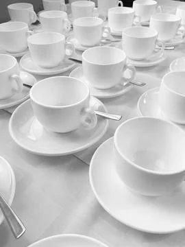 Many rows of white ceramic coffee or tea cups. Lines of coffee cups Stock Photos