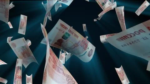 Many rubles fall from above, 3d rendering. Computer generated backdrop with Illustrazione stock