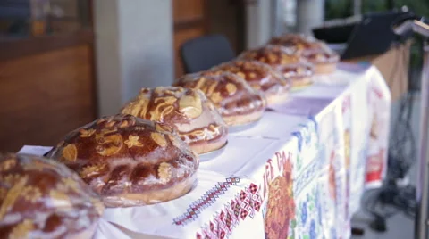 Many Russian bread on the table. School. 1 September. Stock Footage 67595834
