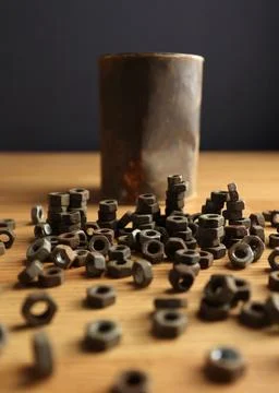 Many rusty elements. Old rusty nut. Dirty metal nuts are scattered on the table Stock Photos