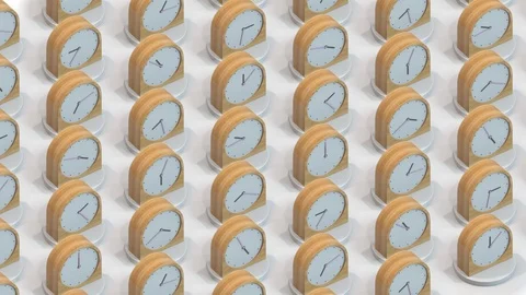 Many same wooden clocks showing different time. Loopable conceptual 3D animation Video stock 129054890