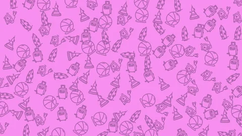 Many scattered doodle illustrations of cute cartoon owls, trees, balls set Stock Footage 336435419