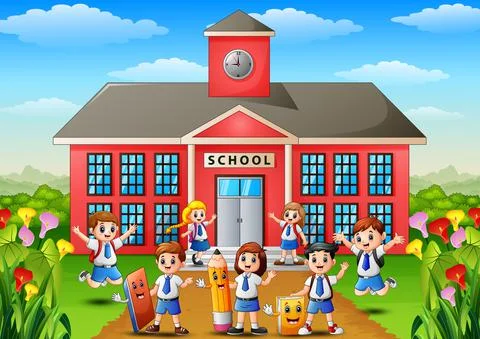 Many school children in front of school building Ilustración de archivo