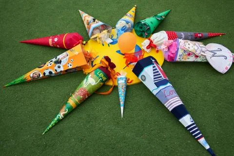 Many school cones at first school day Stock Photos