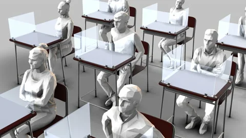 Many school desks with plexiglass separators - students Stock Footage 132053782
