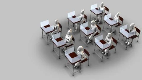 Many school desks with plexiglass separators - students Dx Illustrazione stock