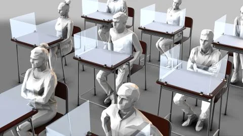 Many school desks with plexiglass separators - students Illustrazione stock