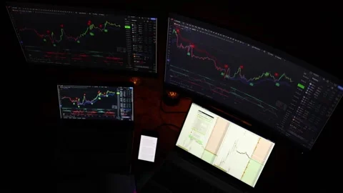 Many screens on the table for crypto trading and training Stock Footage 297112998
