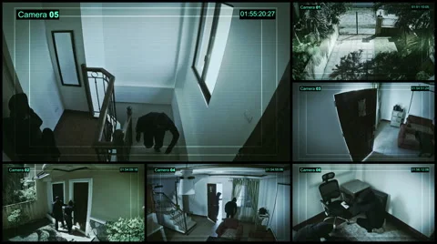 Many security cameras installed into the house show a robbery and criminals. Vídeo Stock 59777394