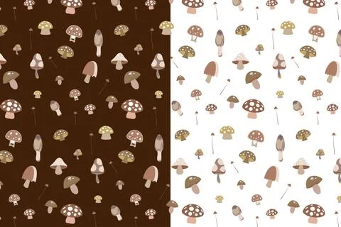 Many shape colors and types of mushroom seamless, repeated vector patterns Stock Illustration