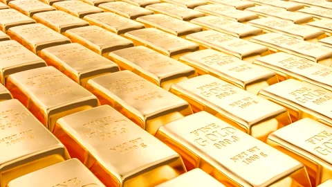 Many shiny gold bars stacked in rows Stock Footage 344170944