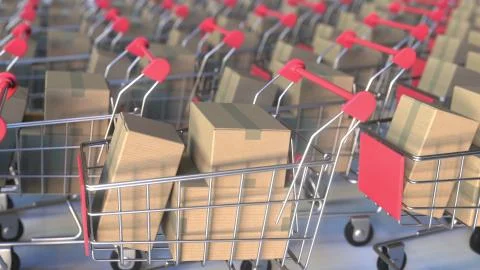 Many shopping carts loaded with boxes. 3D rendering Illustrazione stock