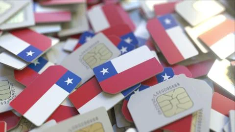 Many SIM cards with flag of Chile, Chilean mobile telecommunications related 3D 스톡 일러스트